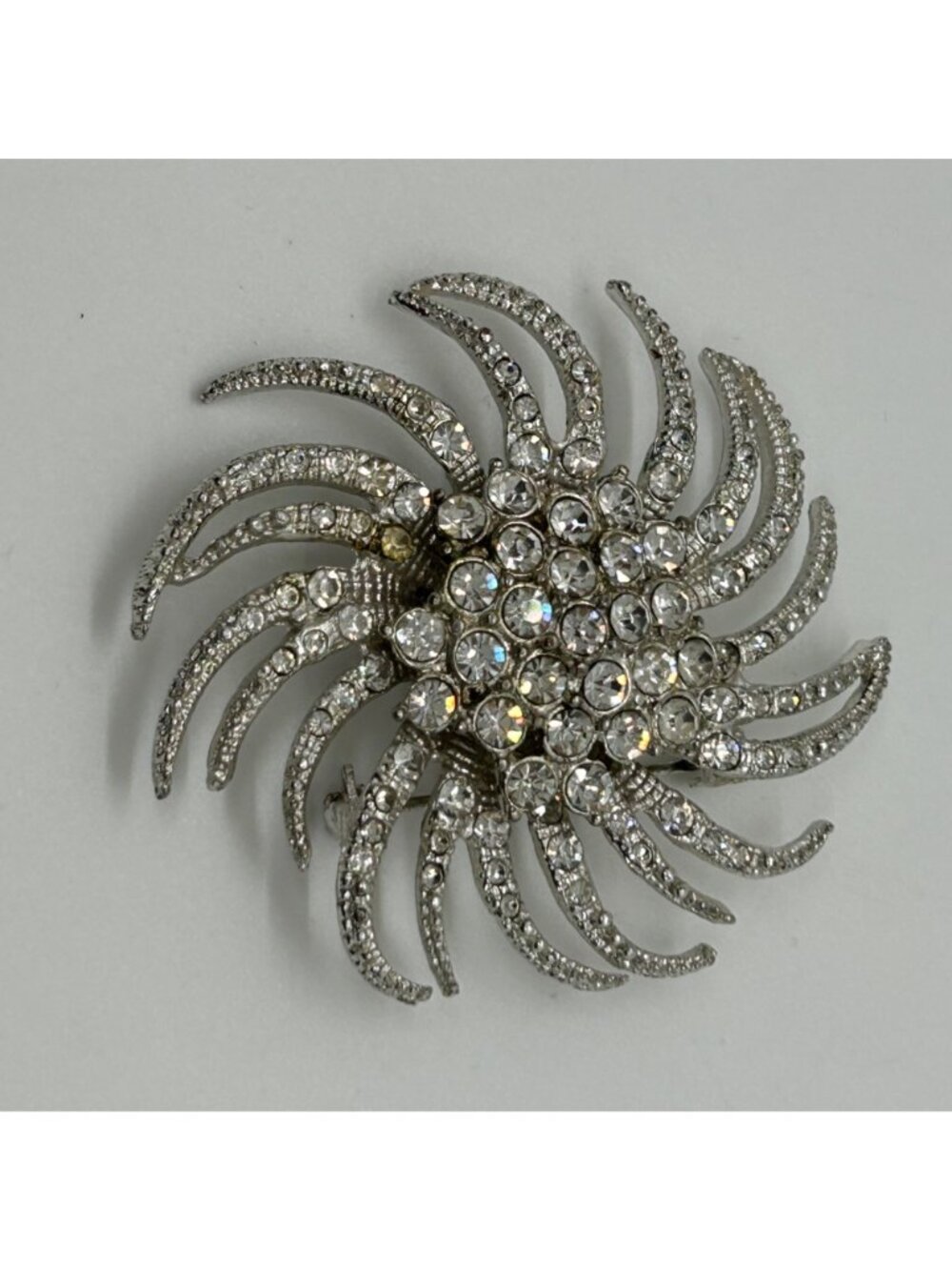 Vintage Silvertone Brooch Sunburst Starburst Swirl Rhinestone Retro Mid-Century - Picture 2 of 16
